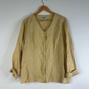 Vintage FLAX Linen Button Front Jacket Natural Long Sleeve Tailored Size L